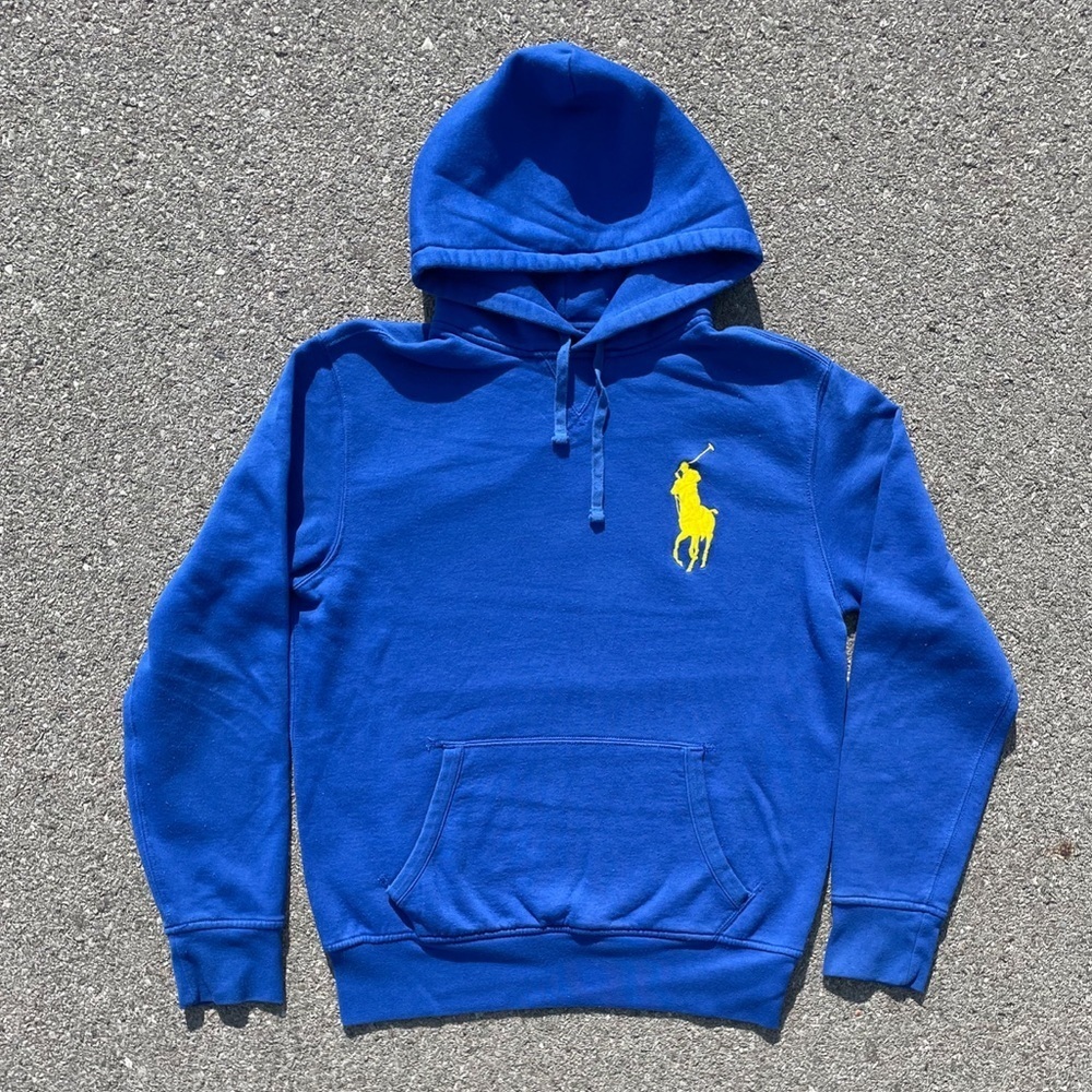Vtg Polo Ralph Lauren Big Pony 3 Hoodie Blue Gorpcore Streetwear (M) 22x27
